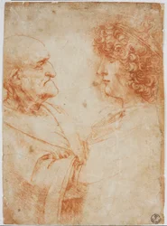 Två mansprofiler, en gammal man och en ung man - Den unge mannen föreställer Gian Giacomo Caprotti, kallad Andrea Salai eller Salaij (omkring 1480-1524), Leonardos elev och älskare - Rödkritteckning av Leonardo da Vinci (Leonard de Vinci) (1452-1519)