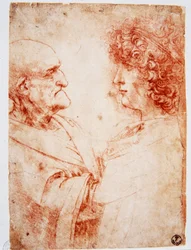Två mansprofiler, en gammal man och en ung man. Den unge mannen föreställer Gian Giacomo Caprotti, känd som Andrea Salai eller Salaij (omkring 1480-1524), Leonardos elev och älskare. Teckning i röd krita av Leonardo da Vinci (Leonard de Vinci)