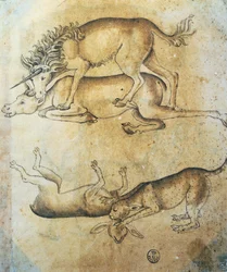 Enhörning attackerar en ko och leopard attackerar ett får, studie av djur, av Leonardo da Vinci (1452-1519), teckning