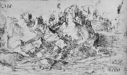 Utsikt över en dal med berg bortom, c1480 1945