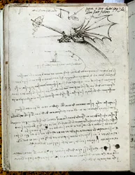 Vingträning. Flygande maskinritning. Manuskript av Leonard De Vinci (Leonardo da Vinci