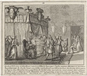 La mort de Pierre I le Grand, le 8 feb 1725 - Peter den stores död den 8 februari 1725, av Schenk, Leonard (1696-1767). Koppargravyr