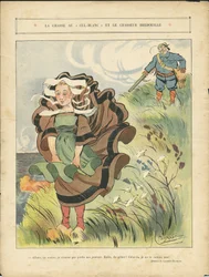 Illustration av Leonce Burret (1865-1915) i Le Rire, 03/09/10 - Jakten på den vita cul-blancen och dummyjägaren - Landsbygd, Fritid, Natur Vegetation, Jaktjägare, Maritime Marine Balneaire - Bönder, bönder