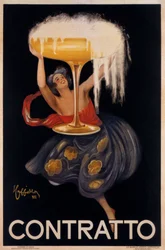 Reklamaffisch för det mousserande vinet "" Contratto "": en liten älva, en tomte som lyfter en enorm kopp. Illustration av Leonetto Cappiello (1875-1942) 1922