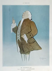Komikern Constant Poppy Groin (1841-1909) i rollen som Saint Phar i Rejanes "La Montansier" 1904. Akvarell av Leonetto Cappiello (1875-1942) Paris. Dekorativ konst