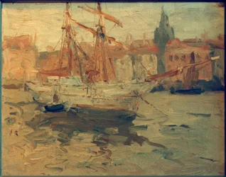 Italiensk hamn med fyrkantig segelskonare
