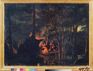 Nattspjutfiske. Målning av Leonid Ivanovich Solomatkin (1837-1883), olja på duk
