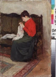 På jobbet. Målning av Leonid Osipovich Pasternak (1862-1945), olja på duk. Rysk konst från 1800- och 1900-talet, modern konst. Regional Art Gallery, Vologda (Ryssland).