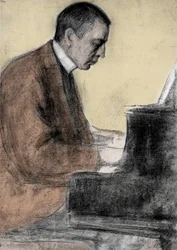 Porträtt av Sergej Rachmaninov (Serge Rachmaninoff eller Rakhmaninov) (1873 - 1943), rysk tonsättare och pianist. Teckning av Leonid O. Pasternak (1862-1945).