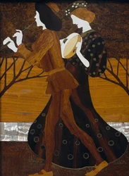 Byrå, ca 1908, av Leopold Bauer (1872-1938), valnöt, mässing och pärlemor, Detalj, Österrike, 1900-talet
