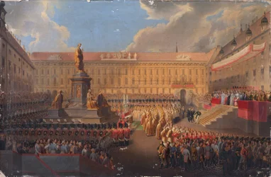 Avtäckning av monumentet till kejsar Franz I av Österrike den 19 juni 1846 på Wiens Franzensplatz
