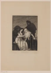 Två kvinnor med två män bakom dem i skuggan; Les majas au balcon (titel på objektet)
