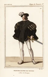 Frans III, hertig av Bretagne 1518-1536. Francois, wiensk delfin och hertig av Bretagne. Handfärgad litografi av J.B. Gautier efter ett porträtt i Roger de Gaignieres portfolio VIII 14 från Le Bibliophile Jacob aka Paul Lacroix