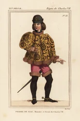Pierre de Giac, kammarherre till kung Karl VII från 1377-1426. Avrättad genom drunkning vid Dun-Le-Roi. Han bär en kort socka med mahoiterärmar, rosa pantalons och stövlar med sporrar. Handkolorerad litografi efter en miniatyr i ett manuskript Histoire du