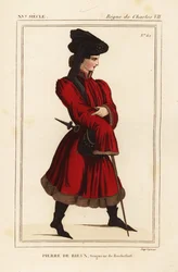 Pierre de Rieux, herre av Rochefort 1389-1439. Handkolorerad litografi efter ett porträtt i Roger de Gaignieres portfölj VI 136 från Le Bibliophile Jacob alias Paul Lacroixs Costumes Historique de la France (Frankrikes historiska dräkter), Administration d