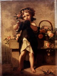 Hellängdsporträtt av en liten flicka med en ros Målning av Leopold Moulignon (1821-1897) 1800-talet.