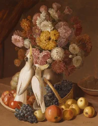 Blomsterstilleben med frukter och nymfparakiter