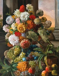 Leopold von Stoll Stilleben med blommor och vindruvor