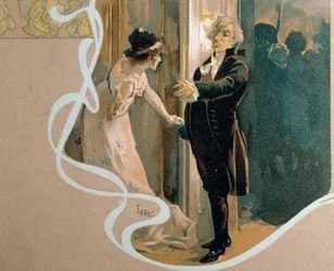 Illustrerat vykort av Leopoldo Metlicovitz (1868-1944) föreställande scen från Tosca, opera av Giacomo Puccini (1858-1924)