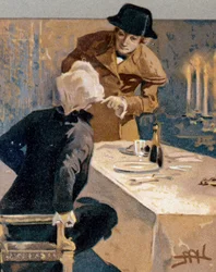 Vykort illustrerat av Leopoldo Metlicovitz (1868-1944) som visar scener från Tosca, opera av Giacomo Puccini (1858-1924)