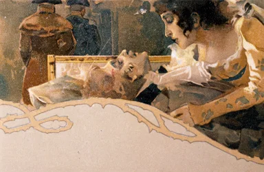 Vykort illustrerad av Leopoldo Metlicovitz (1868-1944) som visar scener från Tosca, opera av Giacomo Puccini (1858-1924)