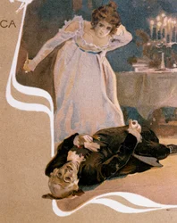 Vykort illustrerad av Leopoldo Metlicovitz (1868-1944) som visar scener från Tosca, opera av Giacomo Puccini (1858-1924)