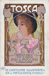 Titelsidan på notbladet för operan Tosca av Puccini, ca 1910 (färg litho)