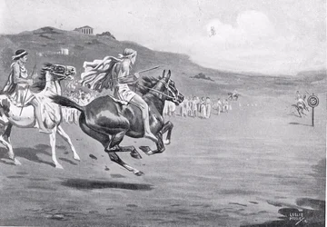 Grekiska ryttare kastar spjut, illustration från "Hutchinson