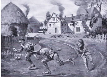Sergeant Cooper och två kamrater rusade iväg under fiendens eld efter att ha tänt eld på en bondgård och flera ricks (DCM) (litho)