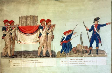 Bärande av modellen av Bastiljen och soldat som föreläser för barnen, ca 1790 (gouache på papper)