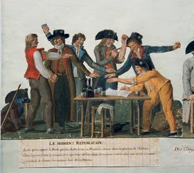 Franska revolutionen: "" Den republikanska eden: medborgarna avlägger en ed av sitt blod att inte återvända hem förrän de har drivit österrikarna och preussarna ut ur Frankrike." Gouache des freres Lesueur (1700-talet). 1700-talet. Paris. Carnavalet Museum