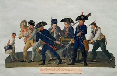 Franska revolutionen: "" Unga män ska öva med kanonen""" Gravyr av bröderna Lesueur (1700-talet). Paris, Musée Carnavalet