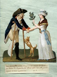 Franska revolutionen: "" en ung flicka hittar sina utlovade sår efter kriget och håller sitt löfte att gifta sig med henne"" Gouache des brothers Lesueur (1700-talet). Paris Musee Carnavalet