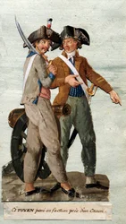 Franska revolutionen: "medborgare poserar i fraktion nära en kanon"". Gouache av bröderna Lesueur. 1700-talet. Musée Carnavalet, Paris