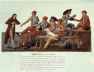Franska revolutionen 1789: "En fängelsedomstol den 2 och 3 september". Satirisk framställning av en revolutionär domstol vars medlemmar saknar rättslig behörighet och dömer i mål medan de dricker vin och röker. Gouache av bröderna Lesueur