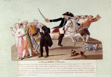 Franska revolutionen 1789: Prins av Lambesc vid Tuilerierna den 12 juli försökte undertrycka revolutionärernas första demonstrationer. Gouache des freres Lesueur (1700-talet)