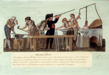 Franska revolutionen 1789: "" tillverkning av gevär"" De olika stadierna av smeders tillverkning av vapen. Gouache des freres Lesueur