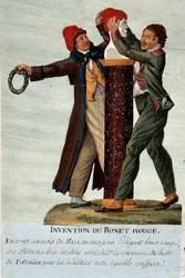 Franska revolutionen: ”Uppfinningen av den röda mössan” - två revolutionärer tar bort kronan från Voltaires byst och ersätter den med en frygisk mössa. Gouache av bröderna Lesueur (1700-talet). Musée Carnavalet, Paris