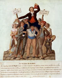 Franska revolutionen: "" Marats triumf"" Jean-Paul (Jean Paul) Marat (1743-1793), deputerad av Paris vid Nationalkongressen, bär triumf av folket för deras våldsamma ställningstaganden mot de rika till förmån för människor. Gouache des freres Lesue