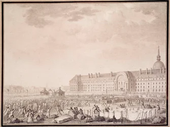 Franska revolutionen: ta till vapen vid Invalides den 14/07/1789. Litografi av bröderna Lesueur (1700-talet)
