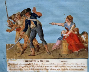 War of Vendee: "" Milhiers hjältinna"". En ung kvinna hotar två plundrare att spränga en tunna med krut om de vågar gå framåt. Gouache des freres Lesueur (1700-talet) Musee Carnavalet, Paris