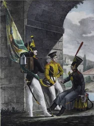 Podpraporshchik, trummis och hornist vid Finliandsky Guard Regementet, 1829