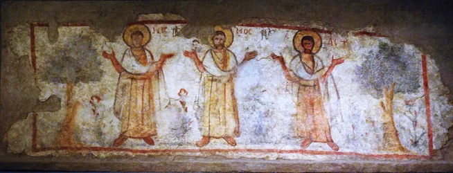 Väggmålning som visar helgon vid gudstjänst, Caesarea, Israel, 6-700-talet (måla på torr gips)