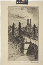 Maximiliam Street And Frauenkirche, München, Bayern (etsning)