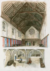 Rekonstruktion av Winchester Palace från medeltiden (akvarell på papper)