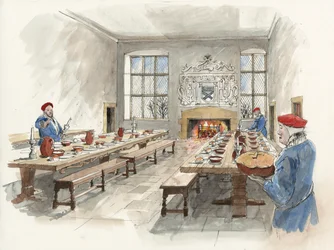 Rekonstruktion av den stora salen på Hardwick Old Hall 1601 (akvarell på papper)