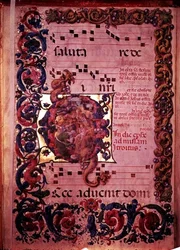 Sida med musik med ett historiskt initialt G som skildrar tillbedjan av männen, från en antifonal, ca 1473-79