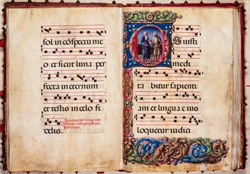 Piccolomini bibliotek: körbok, torsk. 17.2, ff. 30v-31r med "Två eremithelgon", av Liberale da Verona (cirka 1445 - 1527/9).