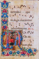 Piccolomini bibliotek: körbok, torsk. 22.7, ff. 22v med "Kristus före Pilatus", av Liberale da Verona (cirka 1445 - 1527/9).