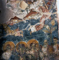 Ängel och heliga, fresk i klostret Agios Georgios, Diavaide, Kreta, Grekland (foto)